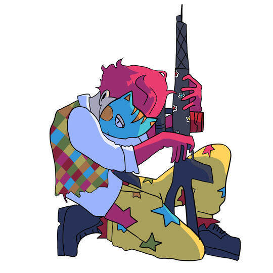 A man with a cat mask is crouched on the ground holding a rifle. He has pink hair and colorful stars on his pants and as stickers on the gun.